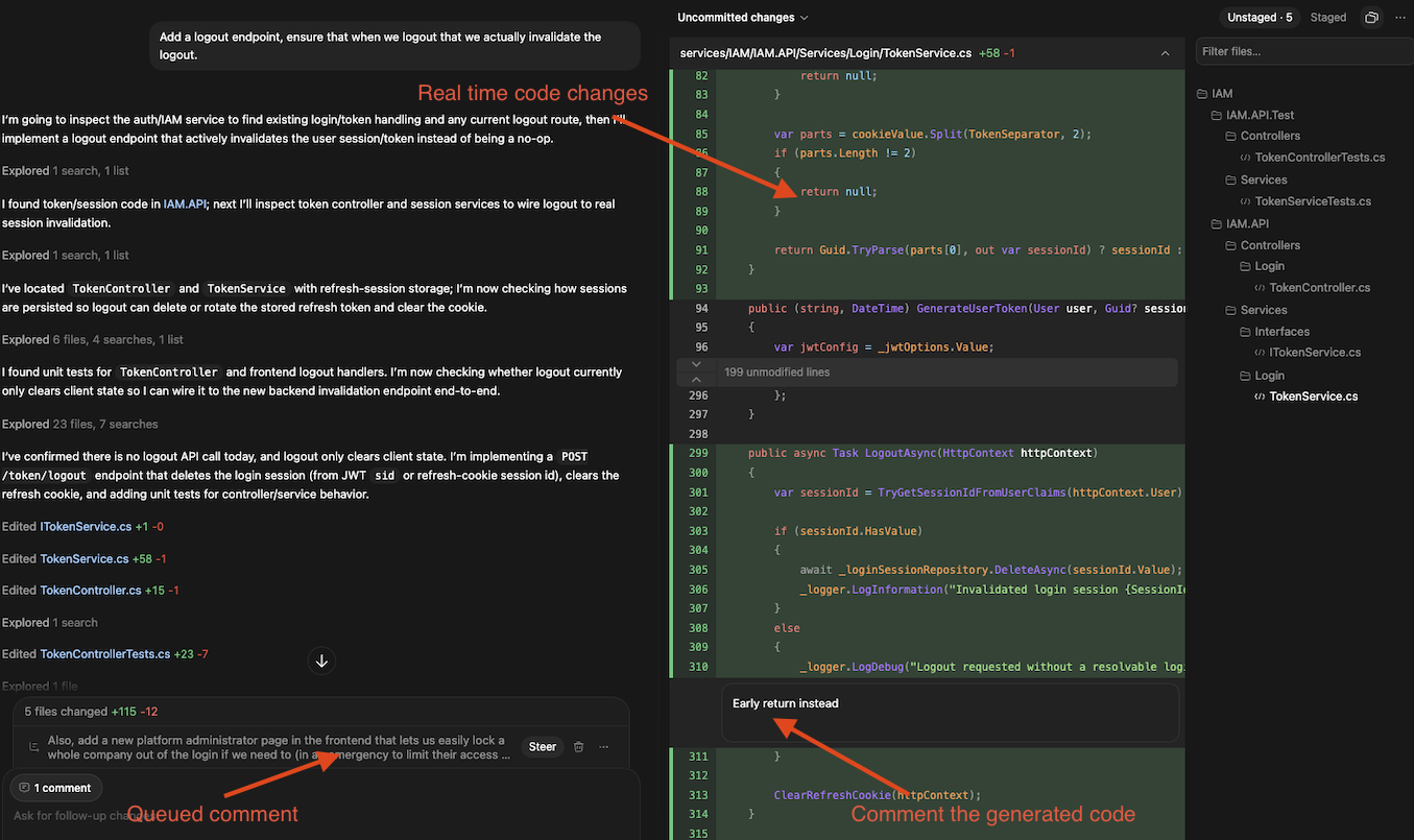 Codex app showing real-time code changes, queued thoughts, and inline code comments