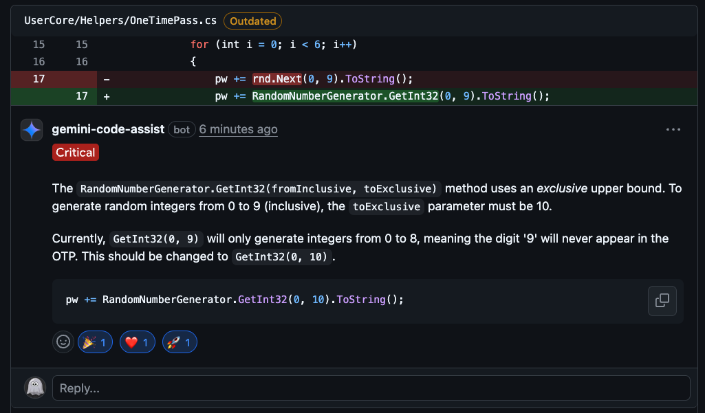 Gemini AI catching the RandomNumberGenerator bug